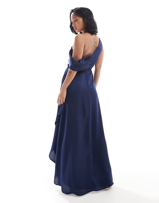 Asos TFNC Petite Bridesmaid Satin Fallen Shoulder Maxi Dress With Wrap Skirt In Navy
