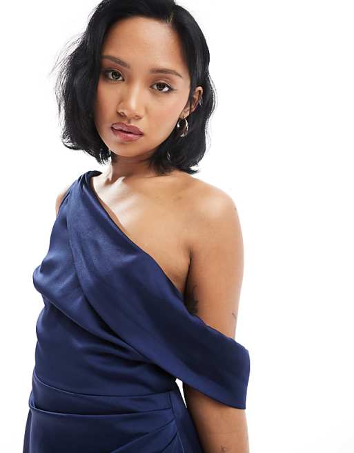 Asos TFNC Petite Bridesmaid Satin Fallen Shoulder Maxi Dress With Wrap Skirt In Navy