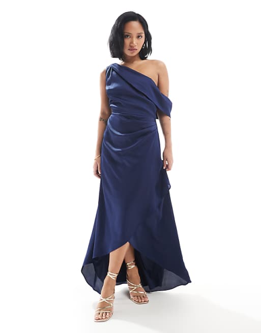asos TFNC Petite Bridesmaid satin fallen shoulder maxi dress with wrap skirt in navy