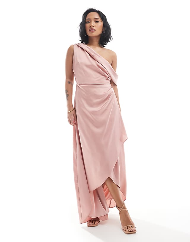 asos TFNC Petite Bridesmaid satin fallen shoulder maxi dress with wrap skirt in dusky pink