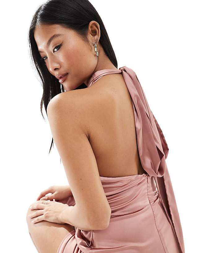Asos TFNC Petite Bridesmaid Satin High Neck Maxi Dress With Bow Back In Dusky Pink