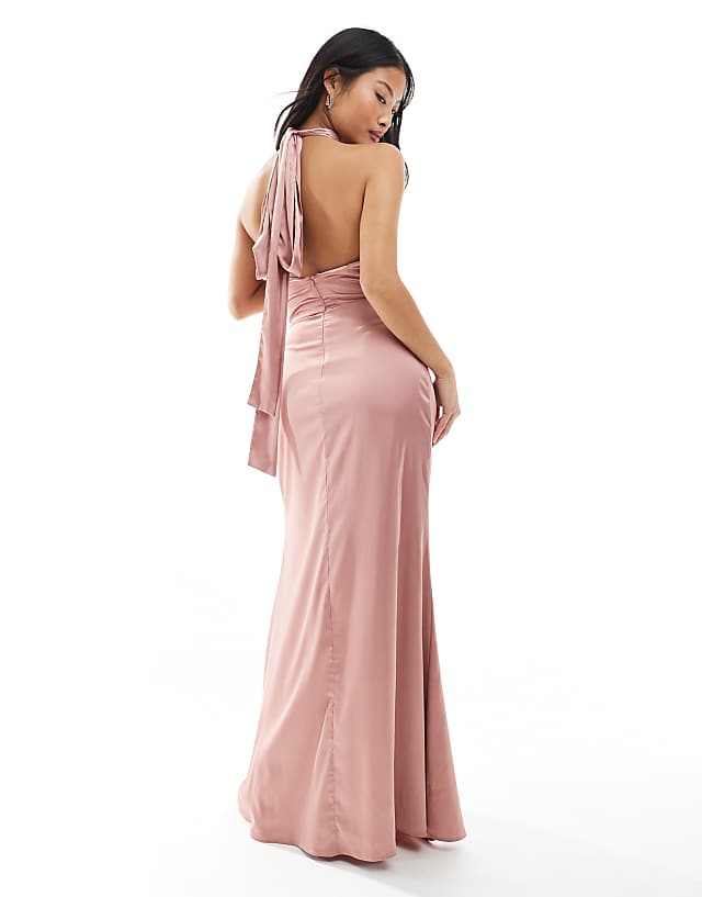 Asos TFNC Petite Bridesmaid Satin High Neck Maxi Dress With Bow Back In Dusky Pink