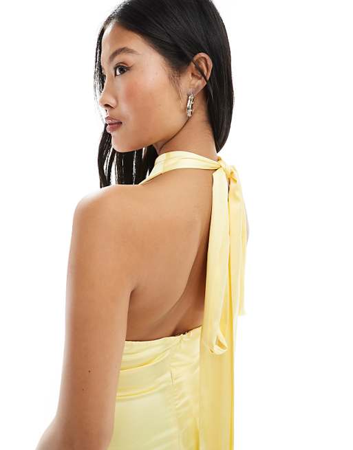 Asos TFNC Petite Bridesmaid Satin High Neck Maxi Dress With Bow Back In Lemon