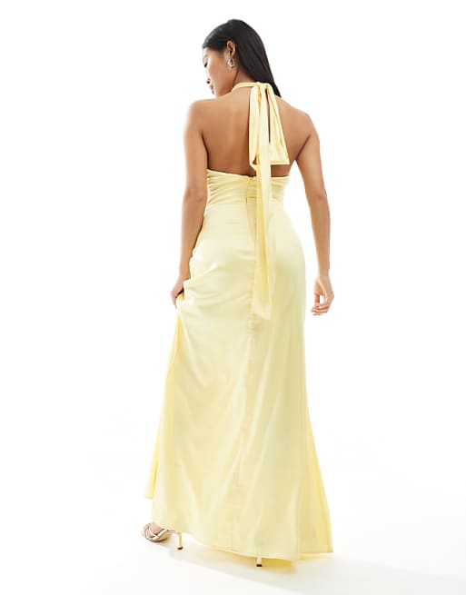 Asos TFNC Petite Bridesmaid Satin High Neck Maxi Dress With Bow Back In Lemon
