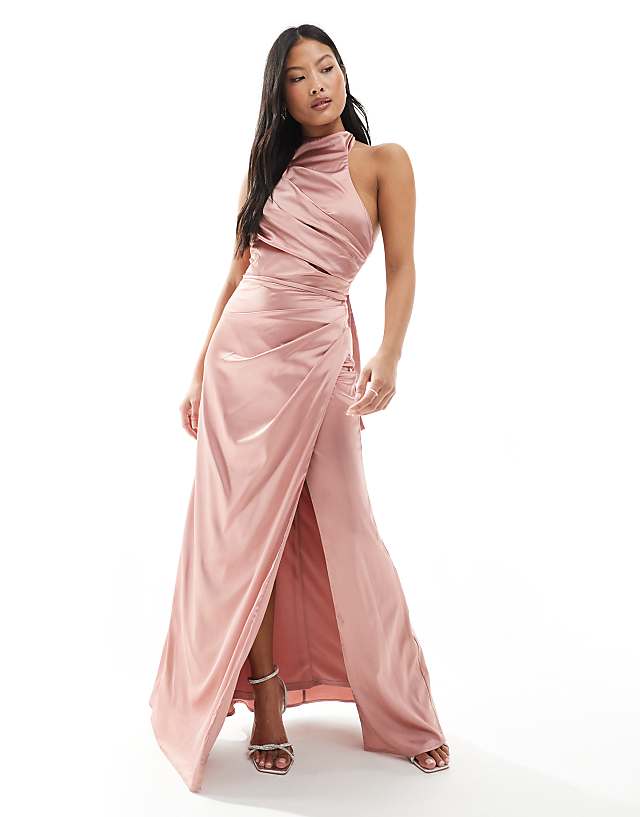 asos TFNC Petite Bridesmaid satin high neck maxi dress with bow back in dusky pink