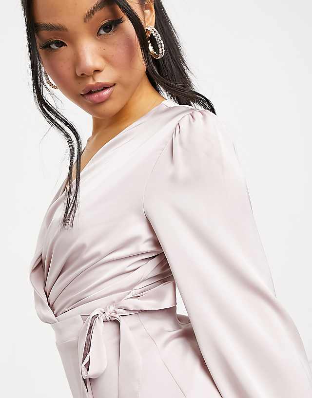 Asos TFNC Petite Bridesmaid Satin Long Sleeve Wrap Front Mini Dress In Mink