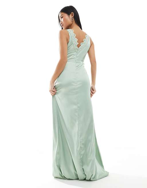 Asos TFNC Petite Bridesmaid Satin Maxi Dress With Scalloped Lace Detail In Sage