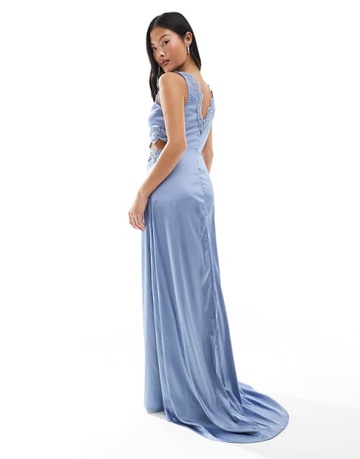 Asos TFNC Petite Bridesmaid Satin Maxi Dress With Scalloped Lace Detail In Dusty Blue