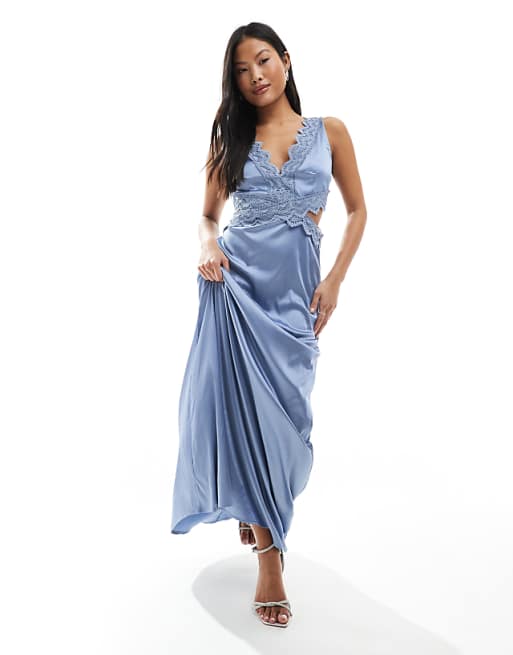 Asos TFNC Petite Bridesmaid Satin Maxi Dress With Scalloped Lace Detail In Dusty Blue