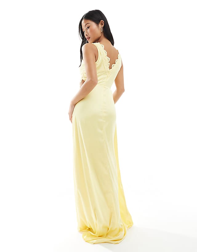 Asos TFNC Petite Bridesmaid Satin Maxi Dress With Scalloped Lace Detail In Lemon