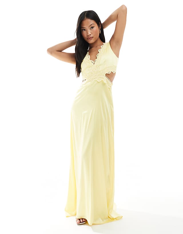 asos TFNC Petite Bridesmaid satin maxi dress with scalloped lace detail in lemon