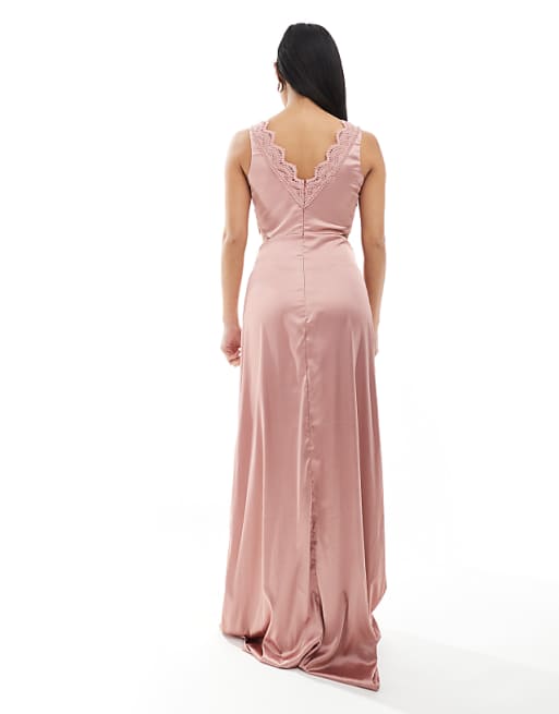 Asos TFNC Petite Bridesmaid Satin Maxi Dress With Scalloped Lace Detail In Dusky Pink