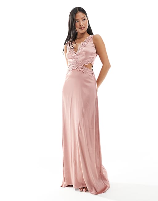 asos TFNC Petite Bridesmaid satin maxi dress with scalloped lace detail in dusky pink