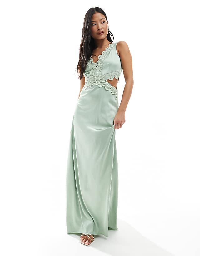 asos TFNC Petite Bridesmaid satin maxi dress with scalloped lace detail in sage
