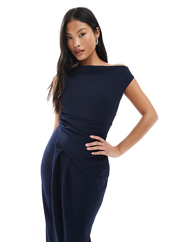 Asos TFNC Petite Bridesmaid Slash Neck Maxi Dress With Ruching Detail In Navy