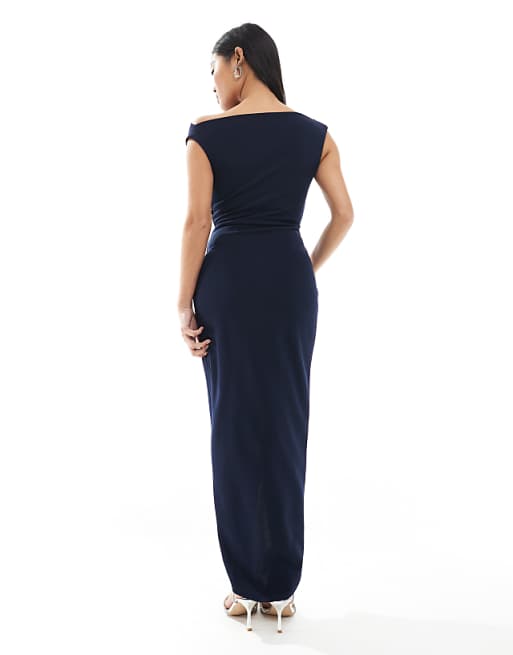 Asos TFNC Petite Bridesmaid Slash Neck Maxi Dress With Ruching Detail In Navy