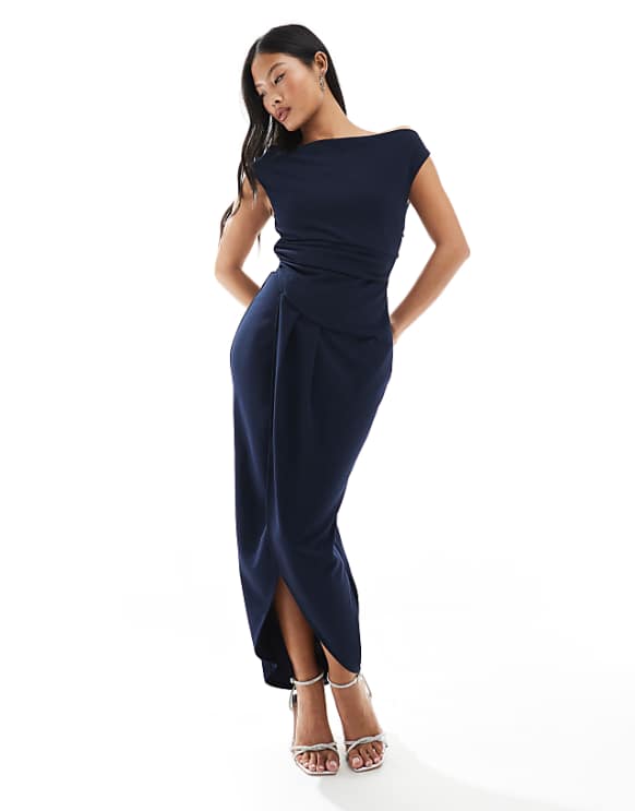 asos TFNC Petite Bridesmaid slash neck maxi dress with ruching detail in navy