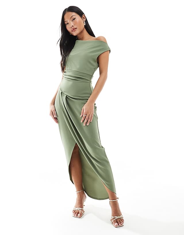 asos TFNC Petite Bridesmaid slash neck maxi dress with ruching detail in dark green