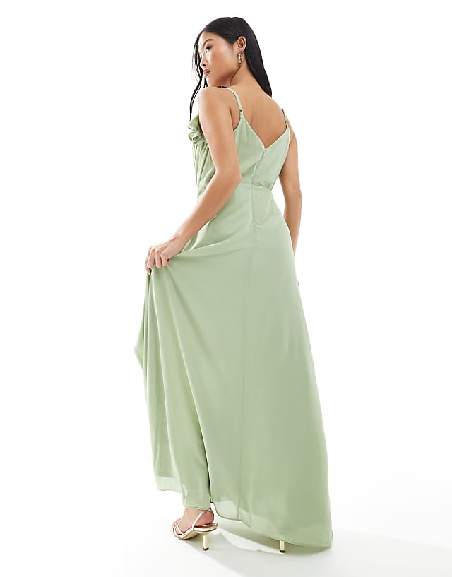 Asos TFNC Petite Bridesmaid Wrap Front Chiffon Maxi Dress With Frill Detail And Split In Sage