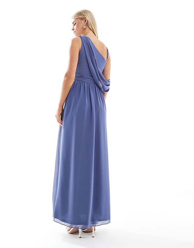 Asos TFNC Petite Bridesmaids Asymmetric Maxi Dress With Drape Back In Dusky Blue