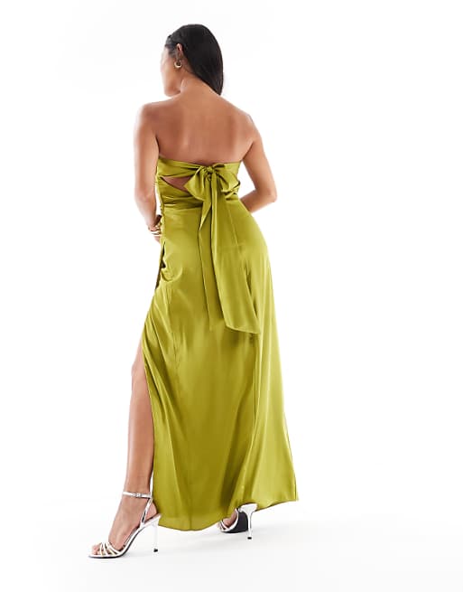 Asos TFNC Petite Bridesmaids Bandeau Satin Maxi Dress With Tie Back In Olive