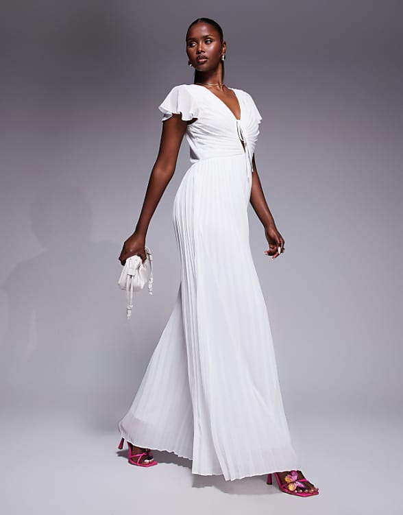 asos TFNC pleated wide leg jumpsuit with keyhole detail in cream