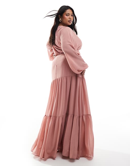 Asos TFNC Plus Bridesmaid Chiffon Maxi Dress With Tiered Skirt In Dusky Pink