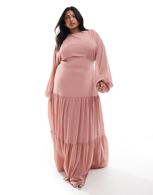 asos TFNC Plus Bridesmaid chiffon maxi dress with tiered skirt in dusky pink