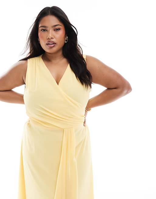 Asos TFNC Plus Bridesmaid Chiffon Wrap Front Maxi Dress In Lemon