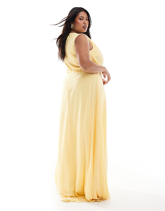 Asos TFNC Plus Bridesmaid Chiffon Wrap Front Maxi Dress In Lemon