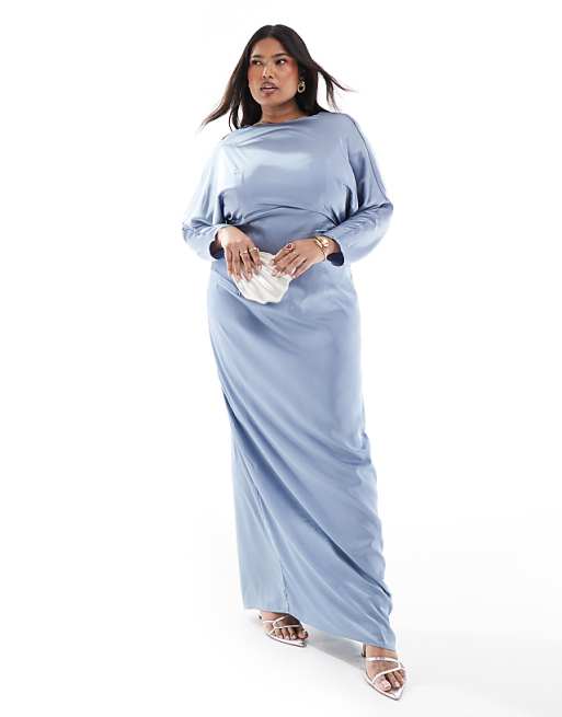 Asos TFNC Plus Bridesmaid Cowl Back Maxi Dress In Dusty Blue