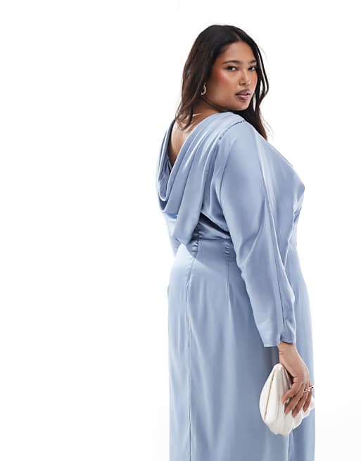 Asos TFNC Plus Bridesmaid Cowl Back Maxi Dress In Dusty Blue