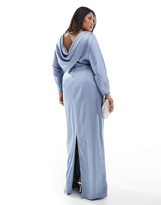 asos TFNC Plus Bridesmaid cowl back maxi dress in dusty blue