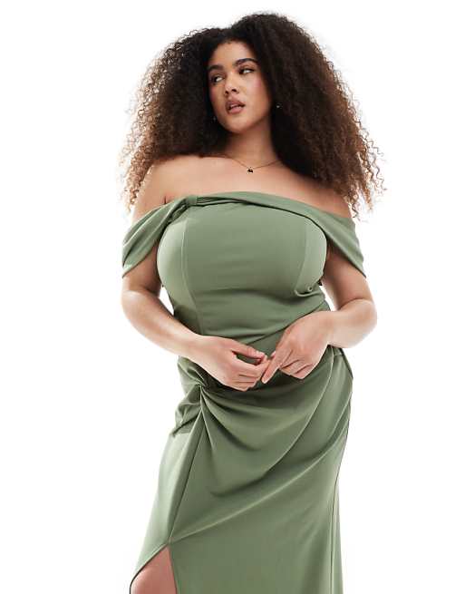 Asos TFNC Plus Bridesmaid Fallen Shoulder Maxi Dress With Split In Dark Green