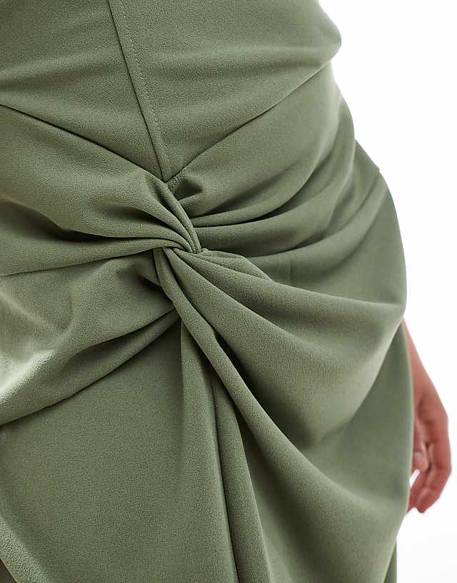 Asos TFNC Plus Bridesmaid Fallen Shoulder Maxi Dress With Split In Dark Green