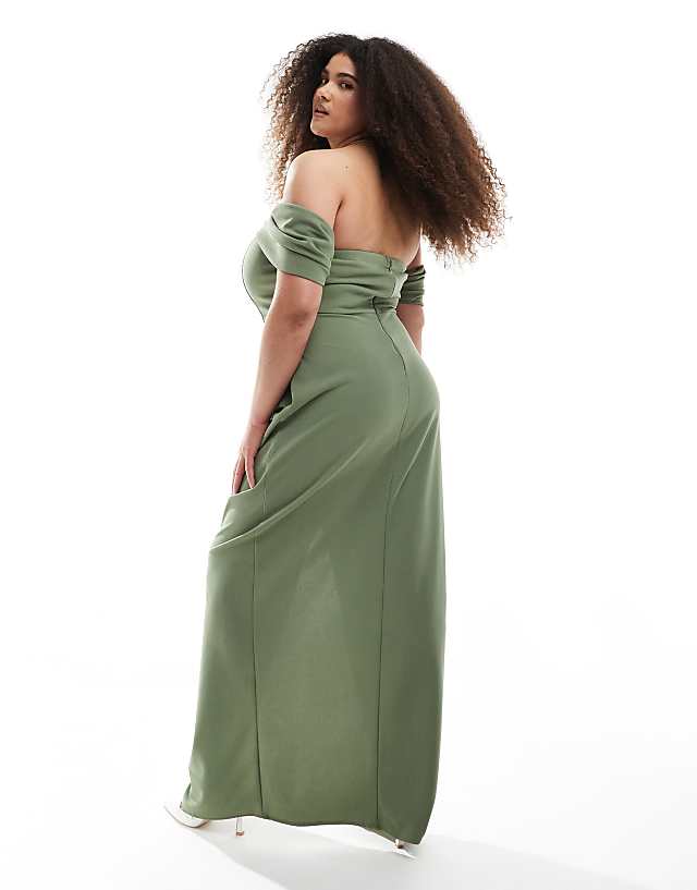 Asos TFNC Plus Bridesmaid Fallen Shoulder Maxi Dress With Split In Dark Green