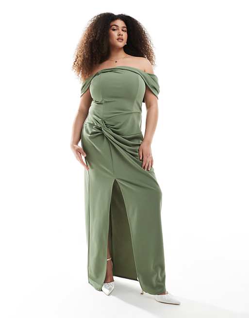 asos TFNC Plus Bridesmaid fallen shoulder maxi dress with split in dark green