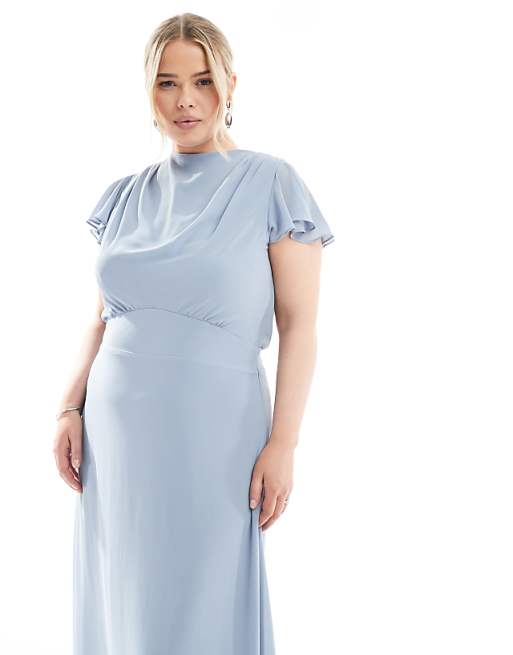Asos TFNC Plus Bridesmaid Flutter Sleeve Cowl Back Chiffon Maxi Dress In Dusty Blue
