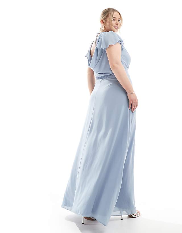 Asos TFNC Plus Bridesmaid Flutter Sleeve Cowl Back Chiffon Maxi Dress In Dusty Blue