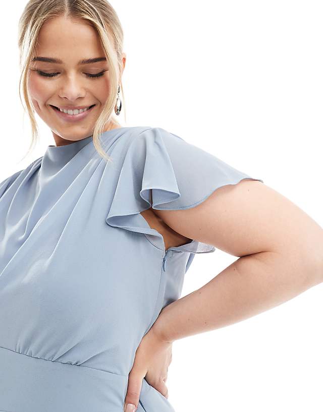 Asos TFNC Plus Bridesmaid Flutter Sleeve Cowl Back Chiffon Maxi Dress In Dusty Blue