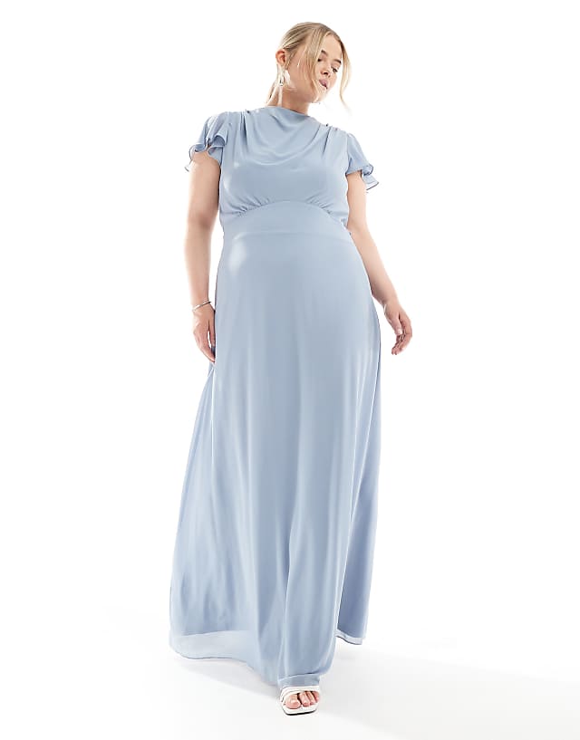 asos TFNC Plus Bridesmaid flutter sleeve cowl back chiffon maxi dress in dusty blue