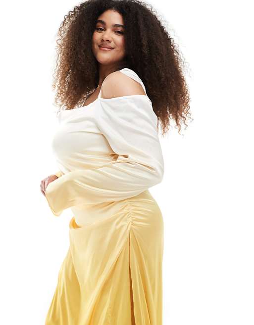 Asos TFNC Plus Bridesmaid Long Sleeve Ombre Maxi Dress In Lemon Ombre
