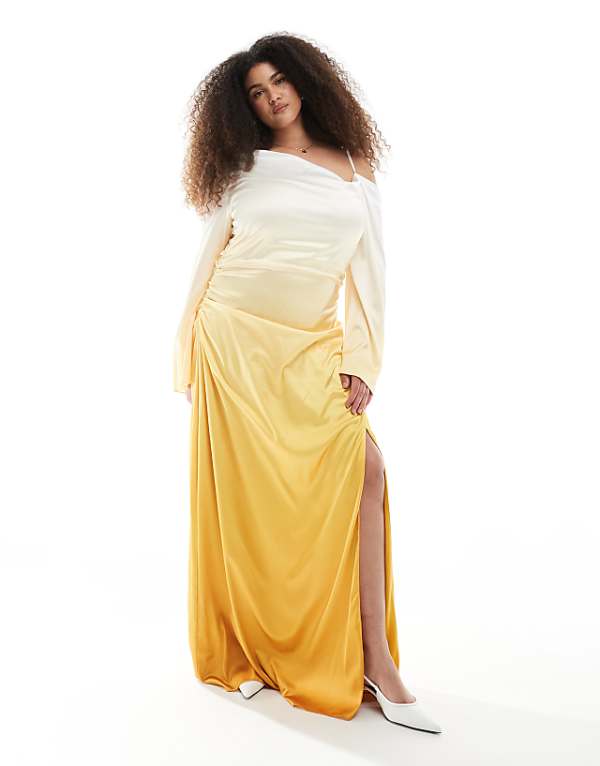 asos TFNC Plus Bridesmaid long sleeve ombre maxi dress in lemon ombre