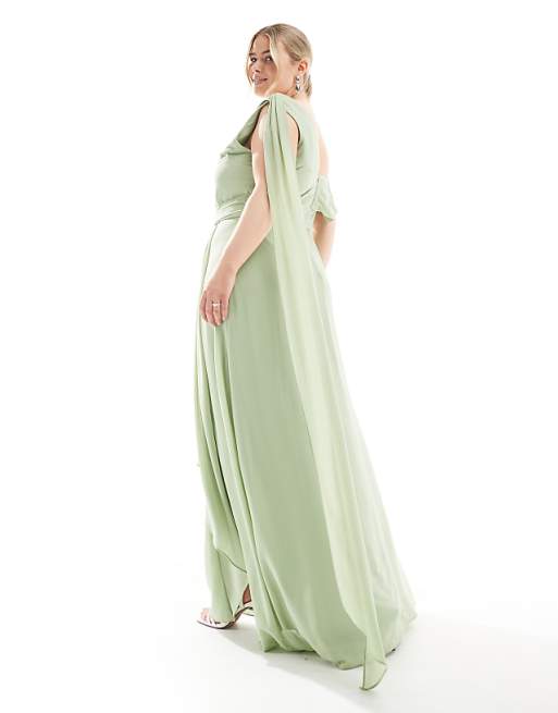Asos TFNC Plus Bridesmaid One Shoulder Drape Maxi Dress With Wrap Skirt In Sage Green