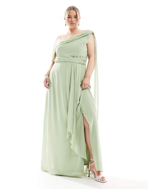 asos TFNC Plus Bridesmaid one shoulder drape maxi dress with wrap skirt in sage green