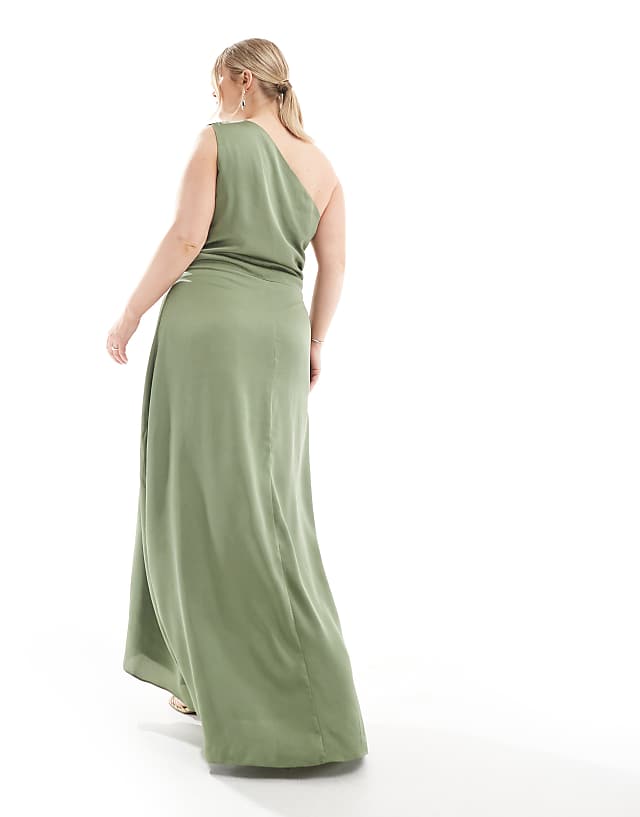 Asos TFNC Plus Bridesmaid One Shoulder Satin Maxi Dress With Wrap Skirt In Dark Green