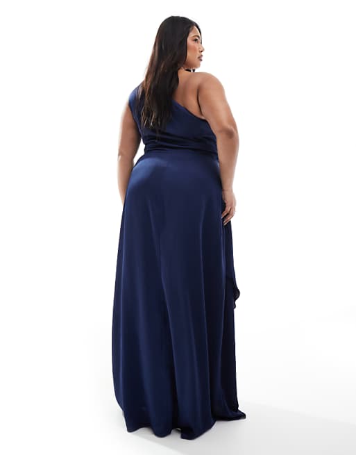 Asos TFNC Plus Bridesmaid One Shoulder Satin Maxi Dress With Wrap Skirt In Navy