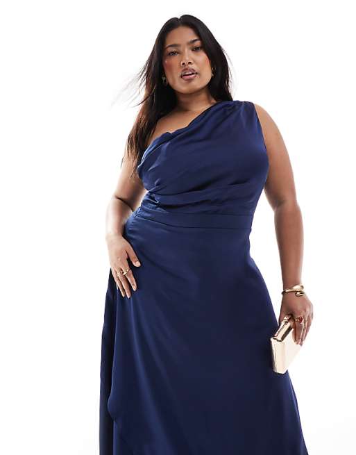 Asos TFNC Plus Bridesmaid One Shoulder Satin Maxi Dress With Wrap Skirt In Navy