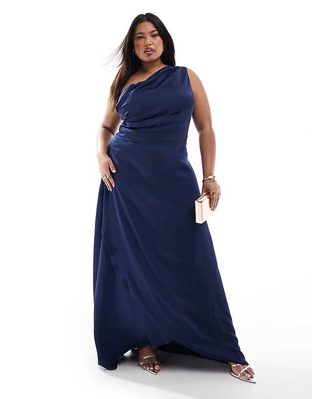 asos TFNC Plus Bridesmaid one shoulder satin maxi dress with wrap skirt in navy
