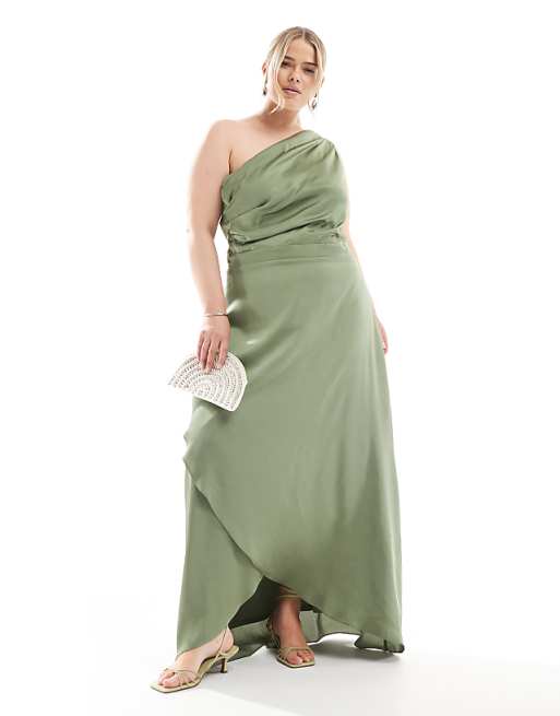 asos TFNC Plus Bridesmaid one shoulder satin maxi dress with wrap skirt in dark green